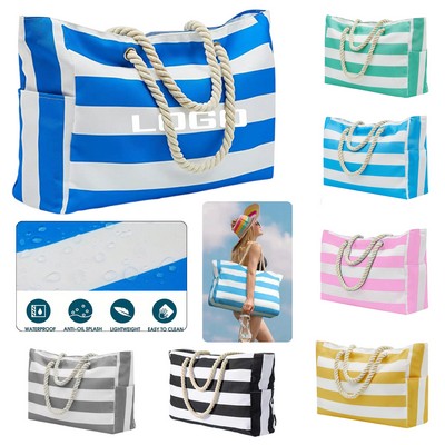 Large Capacity Striped Beach Bag with Rope Handles